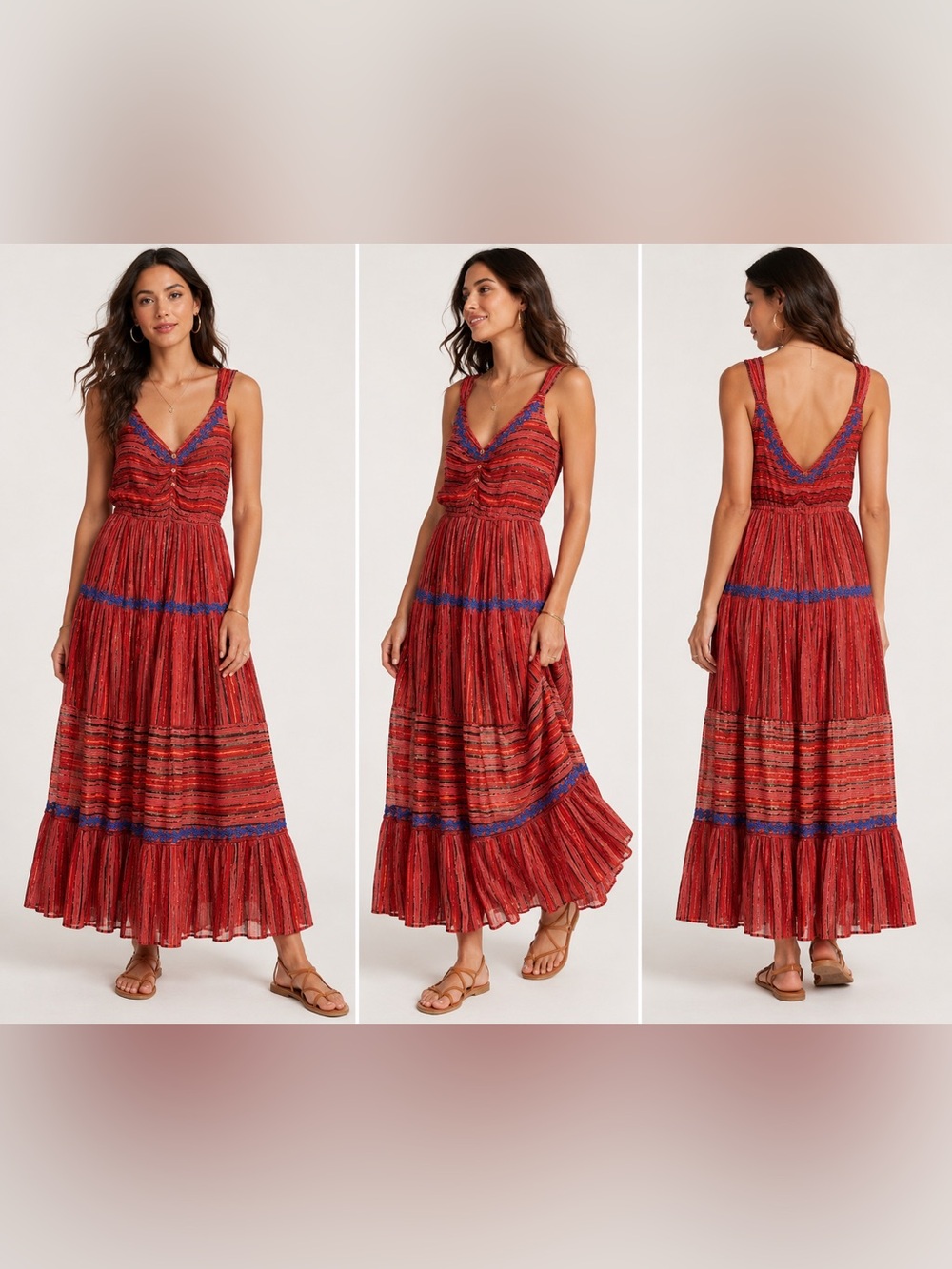 Raga Josefina Tiered Maxi Dress M Red Blue Metallic Lurex Embroidered Boho NWT